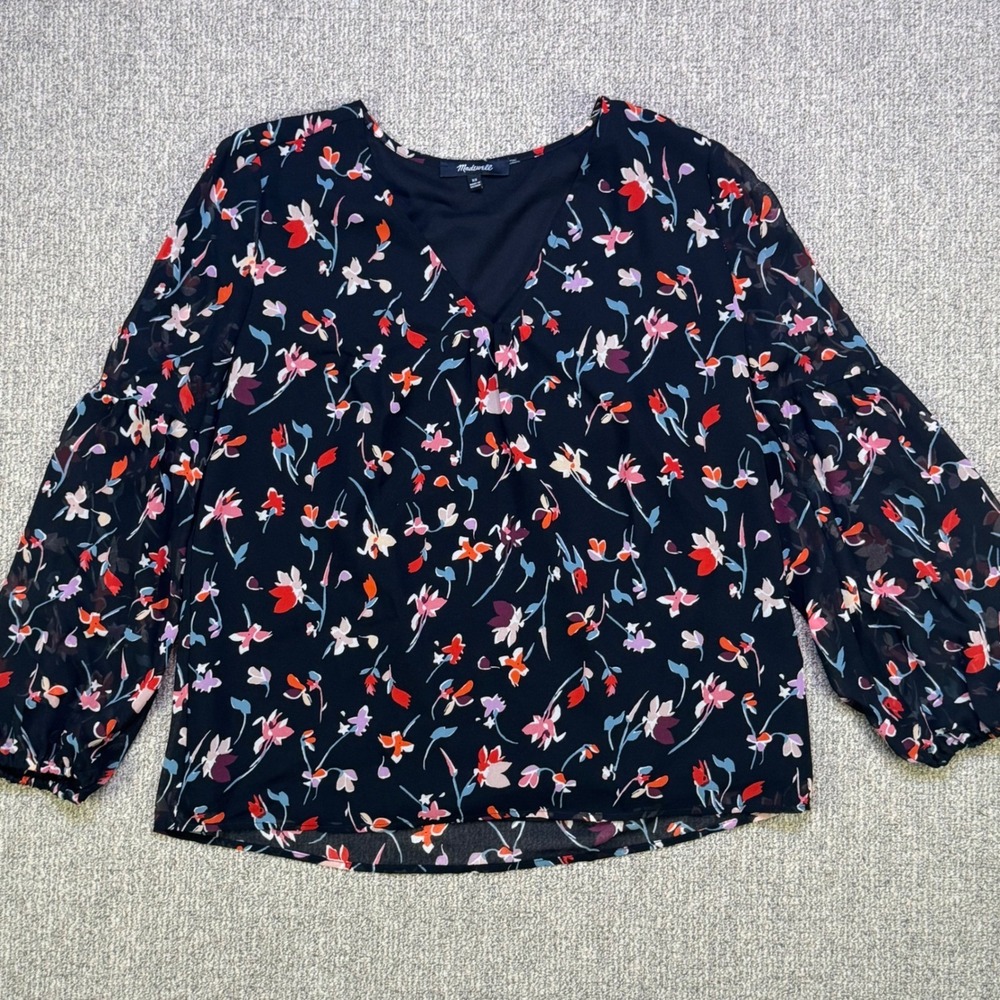Madewell‎ Floral V Neck Sheer Blouse Navy Long Sleeve NWOT XS